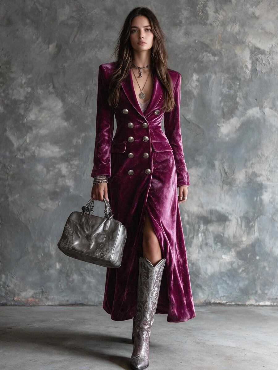 Omancia Women Fuzzy Fleece Blazer Jacket Faux Leather Lapel Patchwork Button Outerwear Fall Winter Daily Brown - Red Violet - View 1