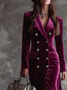 Omancia Women Fuzzy Fleece Blazer Jacket Faux Leather Lapel Patchwork Button Outerwear Fall Winter Daily Brown - Red Violet - View 4