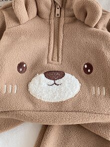 SHEIN 2件組新生兒套裝 可愛棕熊半拉鍊立領上衣 + 配套收口長褲，搖粒絨面料，舒適保暖，適合日常穿著與外出 - 卡其色 - 查看 3