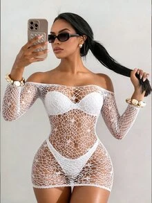 SHEIN Swim Summer Beach Women's Off Shoulder Long Sleeve Hollow Out Cover Up Dress - White - View 1