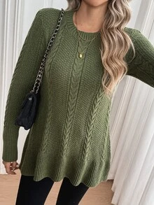 Sprig & Strand Women's Autumn/Winter Vintage Cable Knit Ribbed Hem Sweater Top With Back Strap Detail - Dark Green - View 4
