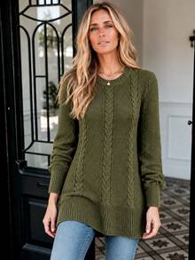 Sprig & Strand Women's Autumn/Winter Vintage Cable Knit Ribbed Hem Sweater Top With Back Strap Detail - Dark Green - View 1