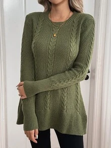 Sprig & Strand Women's Autumn/Winter Vintage Cable Knit Ribbed Hem Sweater Top With Back Strap Detail - Dark Green - View 3
