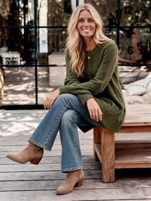 Sprig & Strand Women's Autumn/Winter Vintage Cable Knit Ribbed Hem Sweater Top With Back Strap Detail - Dark Green - View 6