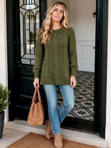 Sprig & Strand Women's Autumn/Winter Vintage Cable Knit Ribbed Hem Sweater Top With Back Strap Detail - Dark Green - View 7