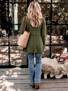 Sprig & Strand Women's Autumn/Winter Vintage Cable Knit Ribbed Hem Sweater Top With Back Strap Detail - Dark Green - View 2