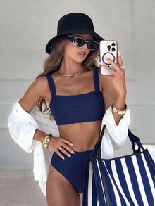 SHEIN Swim Women's Solid Color Sexy Bikini Swimwear Sets For Summer Beach Vacation - Navy Blue - View 1