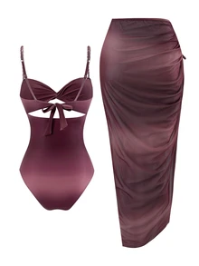 Swim SXY Women's Summer New Beach 2-Piece Set One-Piece Top Gradient Braided Rope Spaghetti Strap Side Tie Beach Skirt Bikini 3-Piece Set - Red Violet - View 3