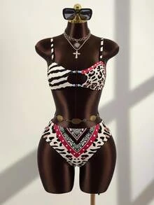 Zestiva Women's Cutout Zebra & Leopard Print Beaded Bikini Set With Triangle Top And Bottom - Multicolor - View 1