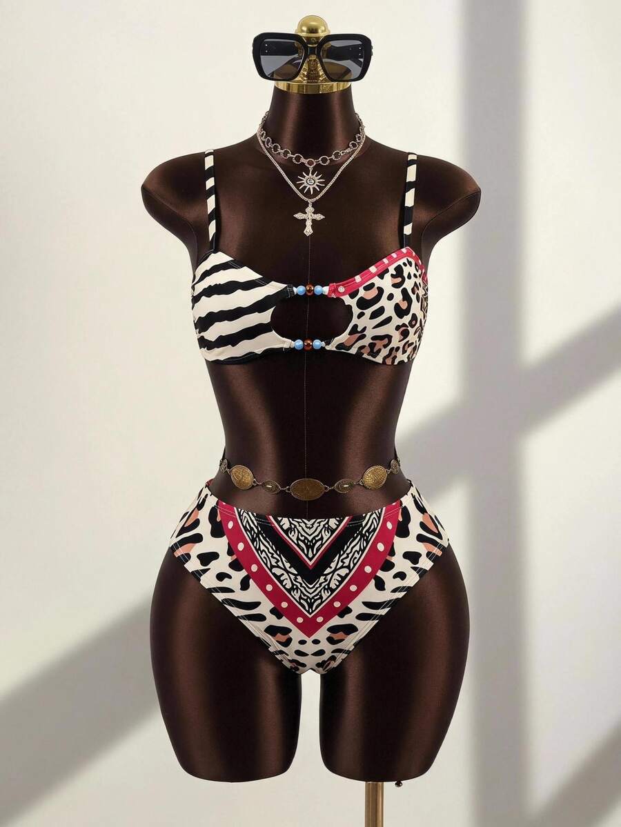 Zestiva Women's Cutout Zebra & Leopard Print Beaded Bikini Set With Triangle Top And Bottom - Multicolor - View 1