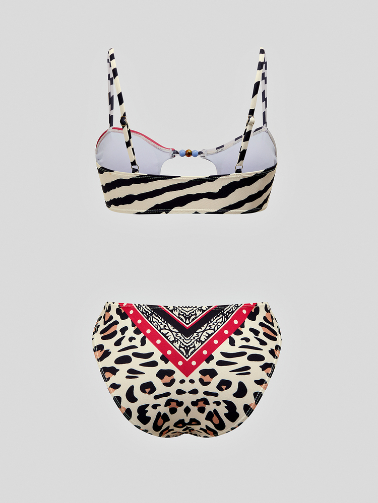 Zestiva Women's Cutout Zebra & Leopard Print Beaded Bikini Set With Triangle Top And Bottom - Multicolor - View 2