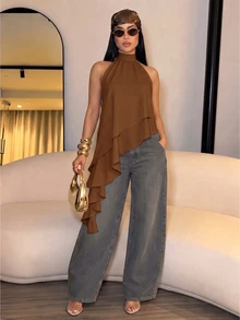 SOLERSUN Women's Elegant Sexy Vacation Coffee Brown Halter Neck Flowing Double- Asymmetric Layered Ruffle Hem Blouse Party Date Bar Party Going Out Summer - Coffee Brown - View 1