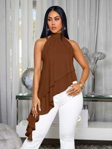 SOLERSUN Women's Elegant Sexy Vacation Coffee Brown Halter Neck Flowing Double- Asymmetric Layered Ruffle Hem Blouse Party Date Bar Party Going Out Summer - Coffee Brown - View 4