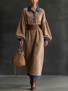 Omancia Women's Patchwork Collar Fleece Long Sleeve Dress - Brown - View 3