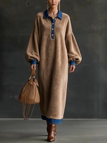 Omancia Women's Patchwork Collar Fleece Long Sleeve Dress - Brown - View 4