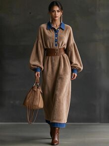 Omancia Women's Patchwork Collar Fleece Long Sleeve Dress - Brown - View 1