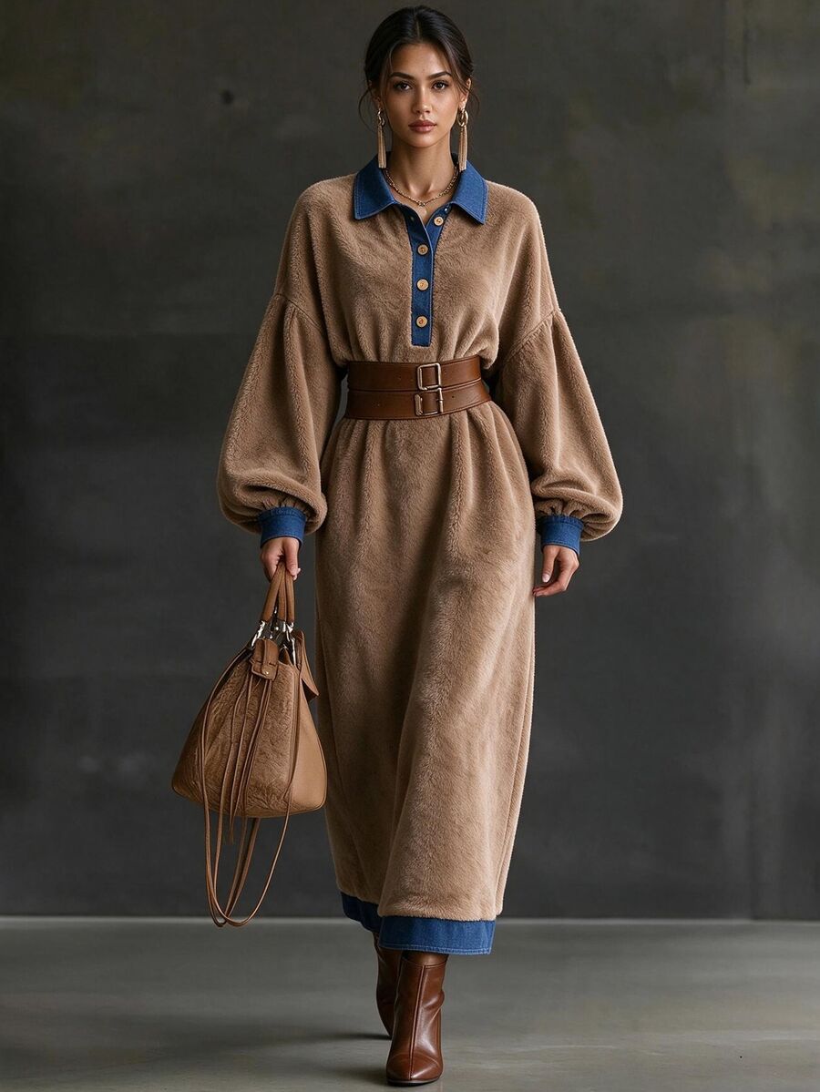 Omancia Women's Patchwork Collar Fleece Long Sleeve Dress - Brown - View 1
