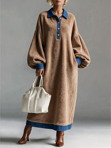 Omancia Women's Patchwork Collar Fleece Long Sleeve Dress - Brown - View 5