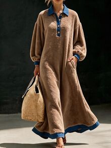 Omancia Women's Patchwork Collar Fleece Long Sleeve Dress - Brown - View 6