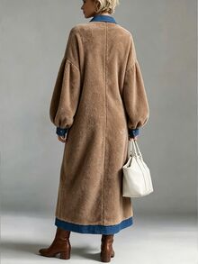 Omancia Women's Patchwork Collar Fleece Long Sleeve Dress - Brown - View 2