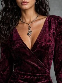 LUMIGAL Vintage Sexy Elegant V-Neck Diamond Velvet Print Hem High Slit Lace Trim Fitted Long Dress - Red - View 7