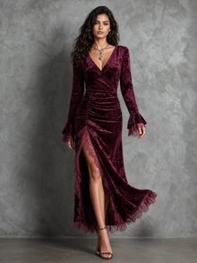 LUMIGAL Vintage Sexy Elegant V-Neck Diamond Velvet Print Hem High Slit Lace Trim Fitted Long Dress - Red - View 4
