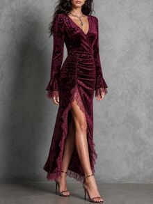 LUMIGAL Vintage Sexy Elegant V-Neck Diamond Velvet Print Hem High Slit Lace Trim Fitted Long Dress - Red - View 5