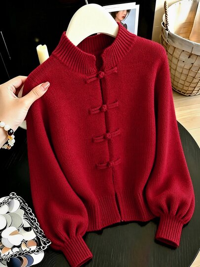 SHEIN Cárdigan de mujer con cuello alto, manga larga y botones de rana, suéter de punto casual para otoño/invierno, rojo brillante, ajuste ceñido, versátil, de moda, estilo chino nuevo con mangas de farol