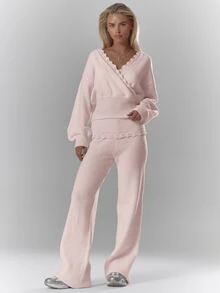 MUSERA Pink Cross Front Knit Cinched Waist Jumper Winter Fall Christmas Cosy Lace Trim Cute Girly - Baby Pink - View 3