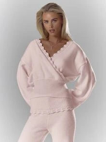 MUSERA Pink Cross Front Knit Cinched Waist Jumper Winter Fall Christmas Cosy Lace Trim Cute Girly - Baby Pink - View 5