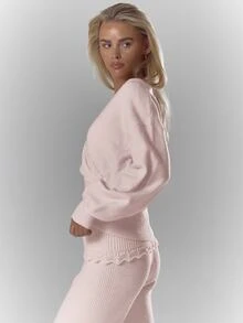 MUSERA Pink Cross Front Knit Cinched Waist Jumper Winter Fall Christmas Cosy Lace Trim Cute Girly - Baby Pink - View 4