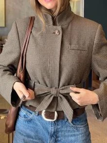 Muchica Women's Houndstooth Long Sleeve Waist Tie Fashion French Classic Paris Jacket Office Brown Fall - Multicolor - View 1
