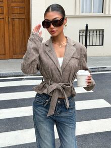 Muchica Women's Houndstooth Long Sleeve Waist Tie Fashion French Classic Paris Jacket Office Brown Fall - Multicolor - View 7