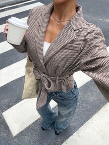 Muchica Women's Houndstooth Long Sleeve Waist Tie Fashion French Classic Paris Jacket Office Brown Fall - Multicolor - View 5