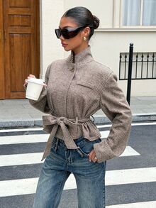 Muchica Women's Houndstooth Long Sleeve Waist Tie Fashion French Classic Paris Jacket Office Brown Fall - Multicolor - View 6