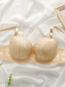 SHEIN Elacene Women's Solid Color Lace Bra With Underwire And Triangle Panties 2pcs/Set Lingerie - Apricot - View 4