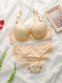 SHEIN Elacene Women's Solid Color Lace Bra With Underwire And Triangle Panties 2pcs/Set Lingerie - Apricot - View 3