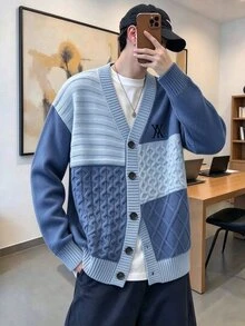 Manfinity Hypemode Men's Contrast Color Long Sleeve Single-Breasted Casual Knit Cardigan, Autumn/Winter Back-To-School Graduation Red And White Stripe - Blue - View 1