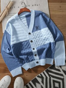 Manfinity Hypemode Men's Contrast Color Long Sleeve Single-Breasted Casual Knit Cardigan, Autumn/Winter Back-To-School Graduation Red And White Stripe - Blue - View 3