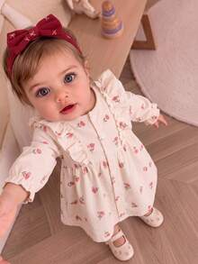 SHEIN Vintaside Kids Baby Girls Long Sleeve Dress 0-3Y, Autumn Winter Ribbed Knit Tulip Floral Print Dress With Ruffle Shoulder & Front Button, Cream Toddler Casual Dress - White - View 2