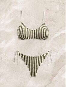 SHEIN Swim 女款條紋針織提花細肩帶打結休閒度假可愛比基尼套裝 - 彩色 - 查看 1