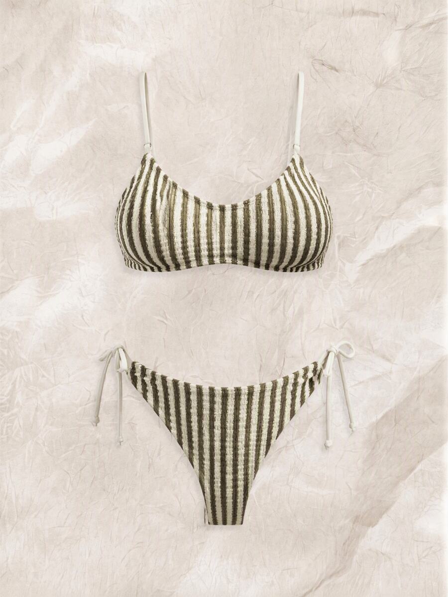 SHEIN Swim 女款條紋針織提花細肩帶打結休閒度假可愛比基尼套裝 - 彩色 - 查看 1