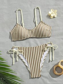 SHEIN Swim 女款條紋針織提花細肩帶打結休閒度假可愛比基尼套裝 - 彩色 - 查看 8