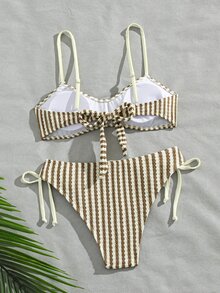 SHEIN Swim 女款條紋針織提花細肩帶打結休閒度假可愛比基尼套裝 - 彩色 - 查看 2