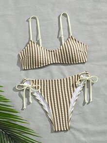 SHEIN Swim 女款條紋針織提花細肩帶打結休閒度假可愛比基尼套裝 - 彩色 - 查看 6