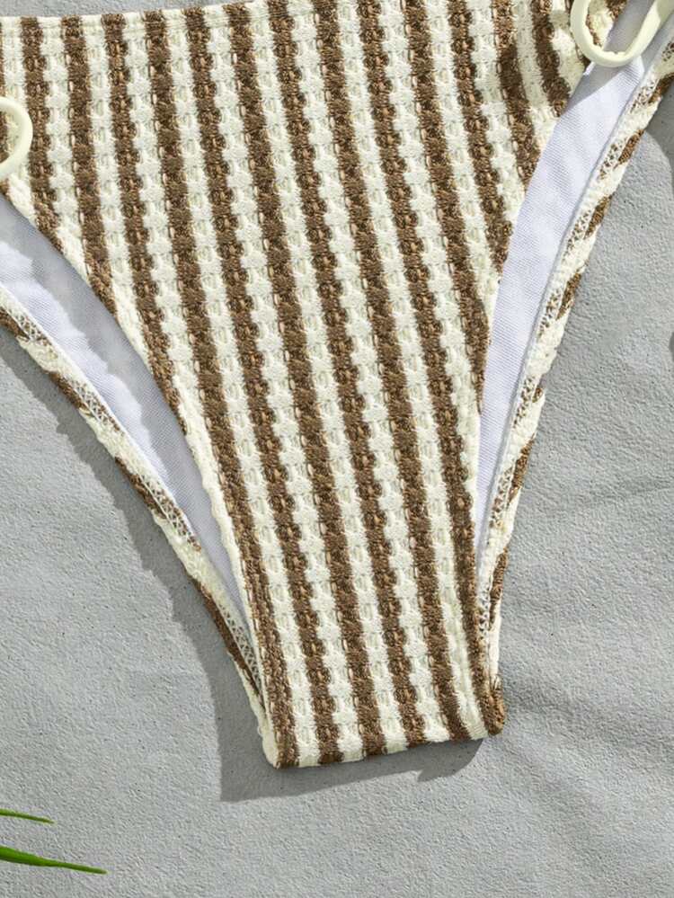 SHEIN Swim Ladies' Olive Green Knitted Jacquard Fabric Fine Shoulder Strap Knot Leisure Vacation Cute Bikini Set Beach Party Summer Coastal Sexy - Multicolor - View 4