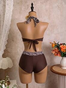 SHEIN Swim Women's Summer Beach 2 In 1 Halter Tie Sexy Bikini And Triangle Bottom Separated Swimwear Set - Brown - View 8