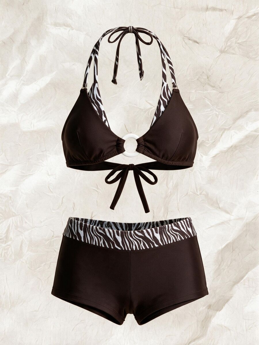 SHEIN Swim Women's Summer Beach 2 In 1 Halter Tie Sexy Bikini And Triangle Bottom Separated Swimwear Set - Brown - View 1