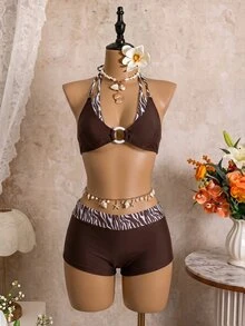 SHEIN Swim Women's Summer Beach 2 In 1 Halter Tie Sexy Bikini And Triangle Bottom Separated Swimwear Set - Brown - View 2