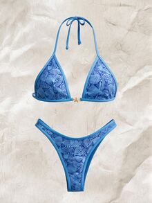 SHEIN Swim Spring/Summer Digital Print Triangle Wire-Free Halter Top And Thong Bikini Set For Women Beach Vacation Swimming - Blue - View 2